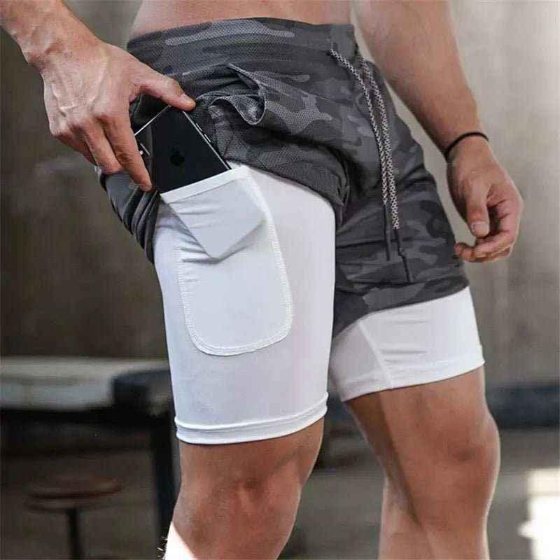 Camo Jogging Workout Shorts for Men - 2-in-1 Design, Quick Dry.