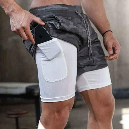 Camo Jogging Workout Shorts for Men - 2-in-1 Design, Quick Dry.
