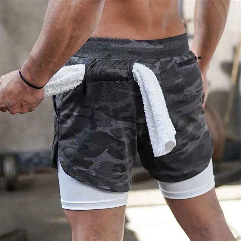 Camo Jogging Workout Shorts for Men - 2-in-1 Design, Quick Dry.