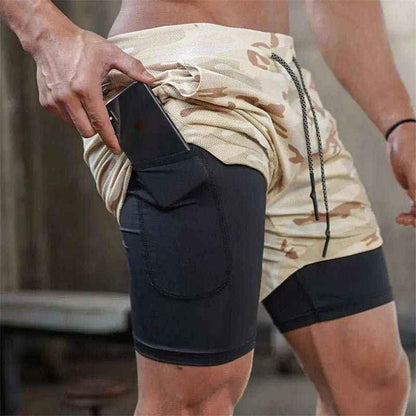 Camo Jogging Workout Shorts for Men - 2-in-1 Design, Quick Dry.