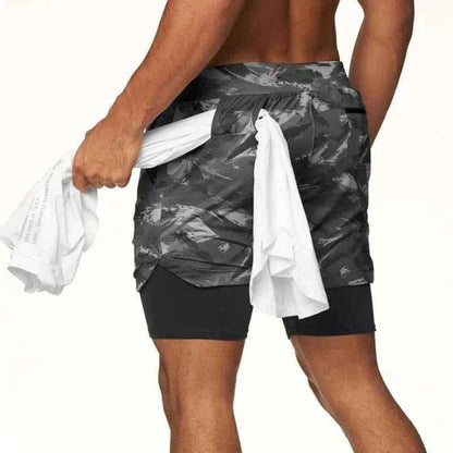 Camo Jogging Workout Shorts for Men - 2-in-1 Design, Quick Dry.