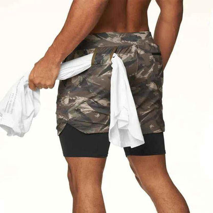 Camo Jogging Workout Shorts for Men - 2-in-1 Design, Quick Dry.