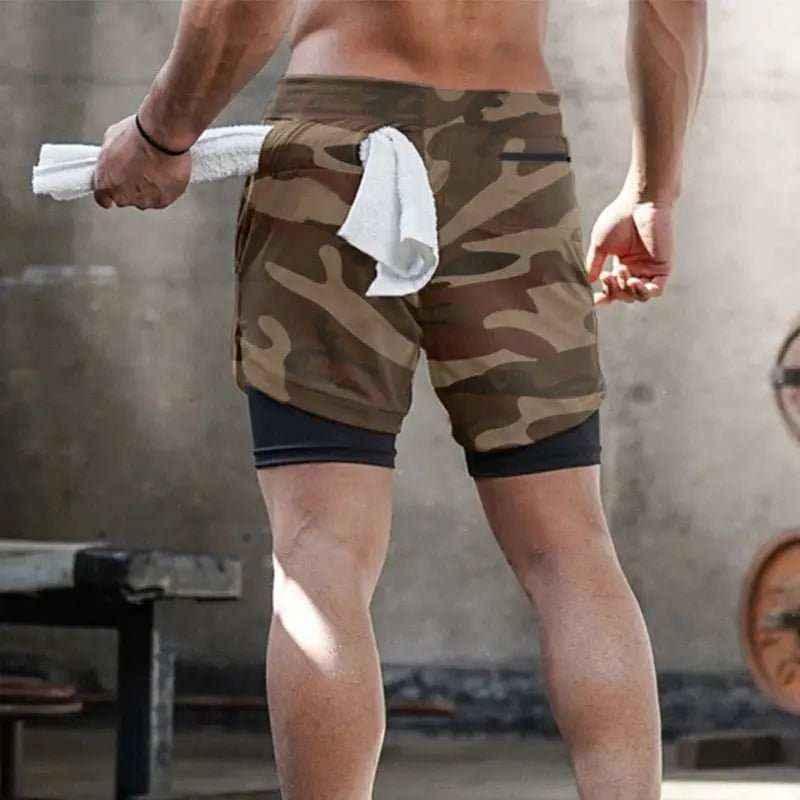Camo Jogging Workout Shorts for Men - 2-in-1 Design, Quick Dry.