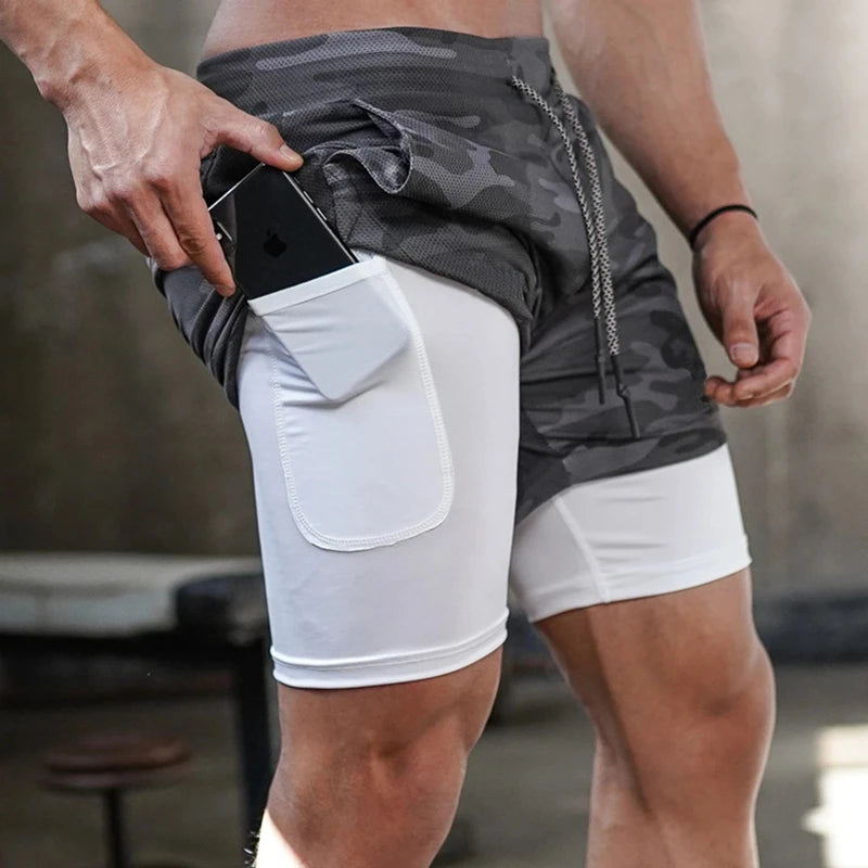 Camo Jogging Workout Shorts for Men - 2-in-1 Design, Quick Dry.