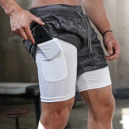 Camo Jogging Workout Shorts for Men - 2-in-1 Design, Quick Dry.